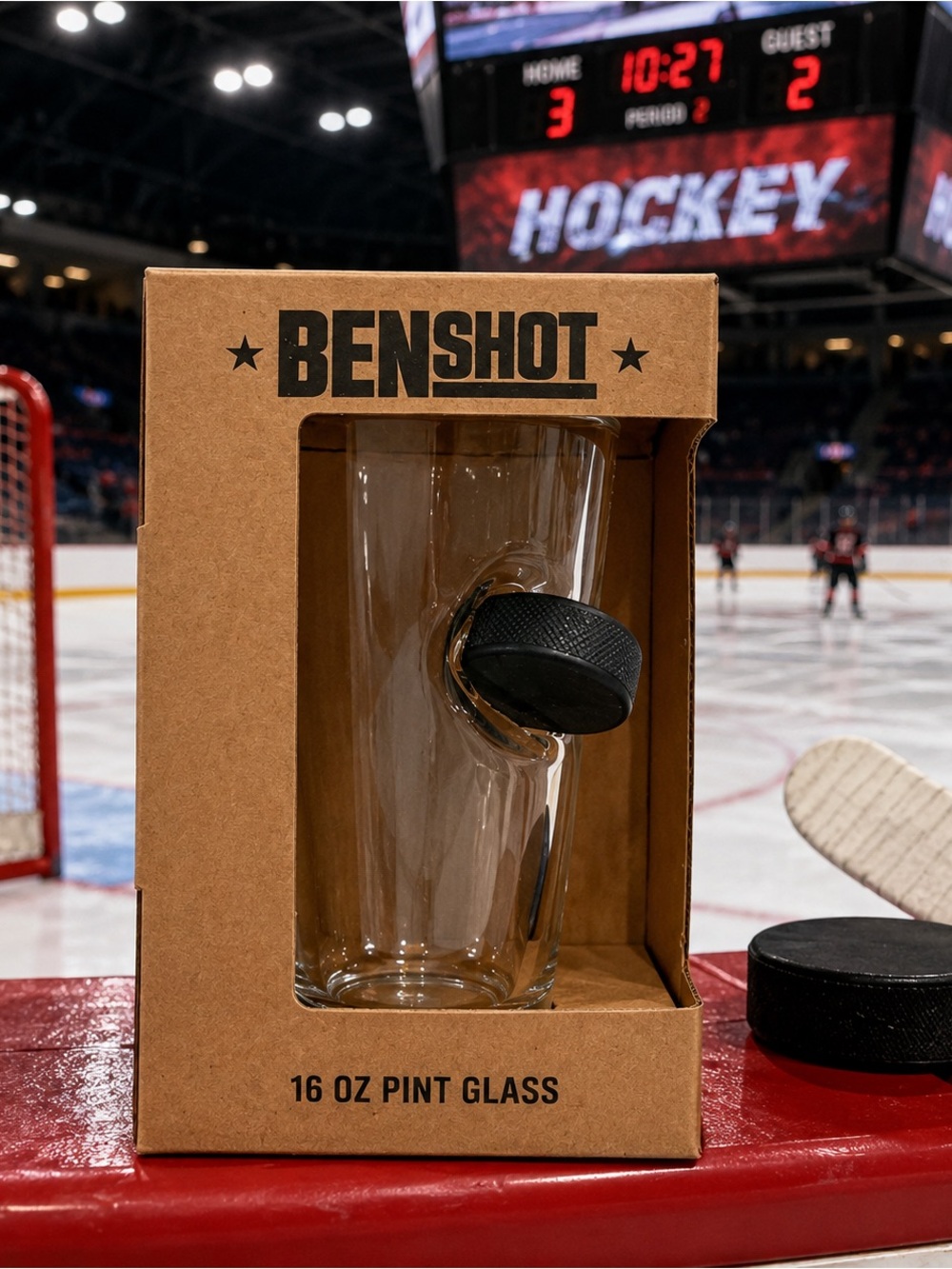 BENSHOT 16 oz Pint Glass with Black Hockey Puck Detail